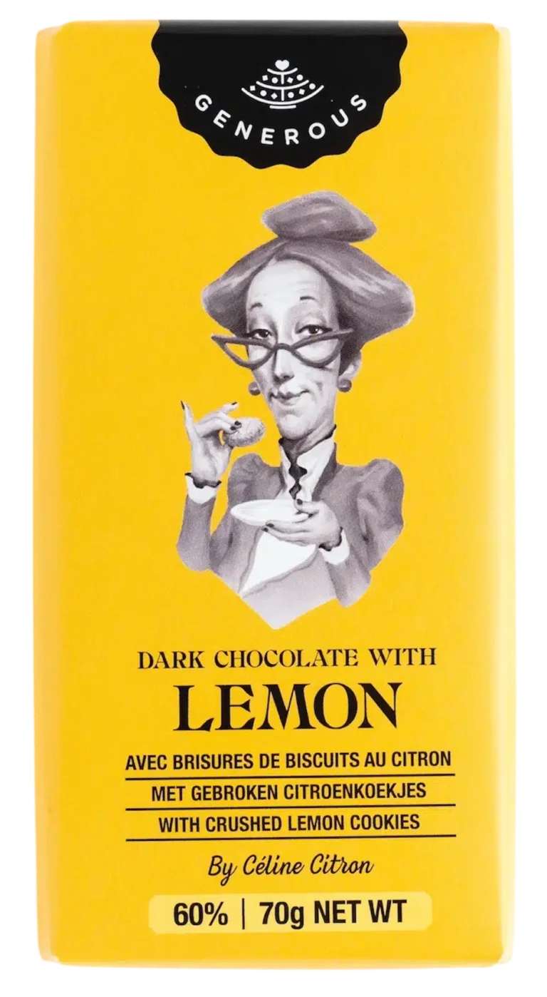 Tablette de chocolat noir et brisure de sablé au citron.
