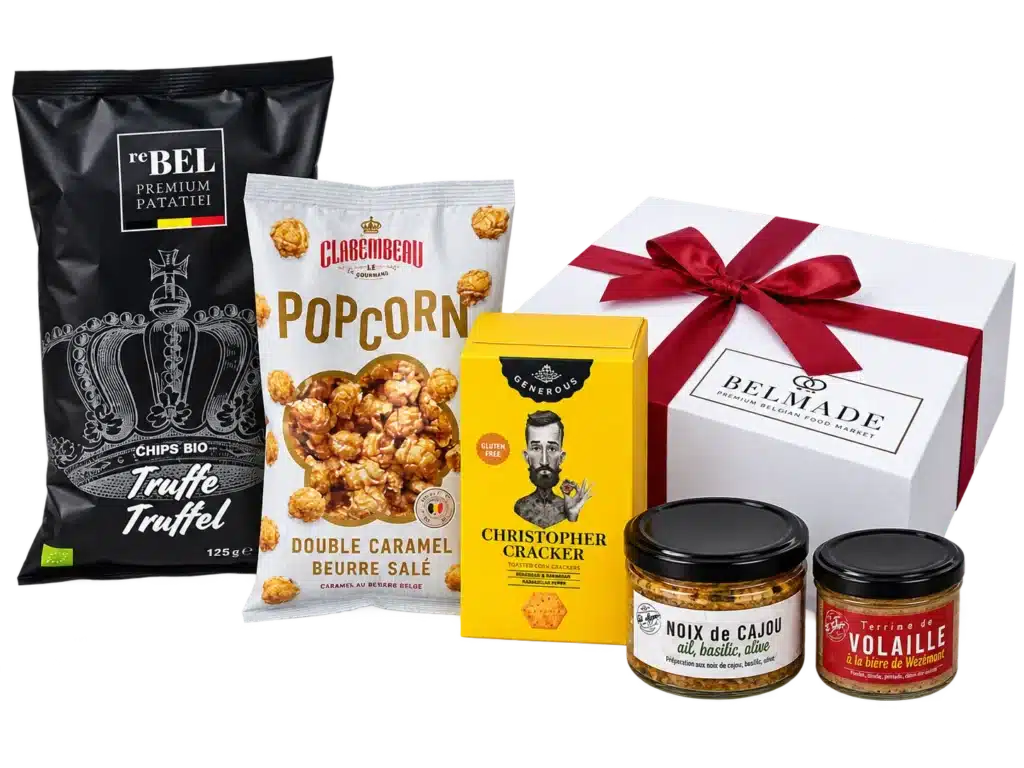 Coffret apéritif belge L’Authentique avec chips à la truffe, popcorn, crackers, noix de cajou et terrine