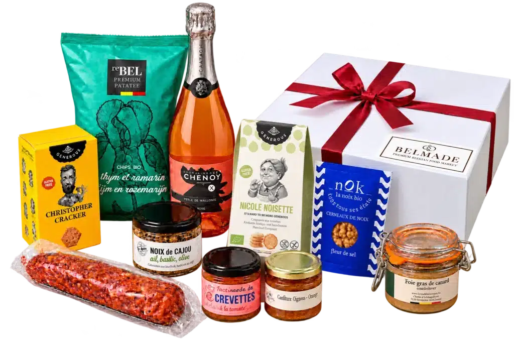 Coffret gastronomique belge L’Excellence avec Perle de Wallonie rosé, foie gras, saucisson, tartinades et spécialités artisanales