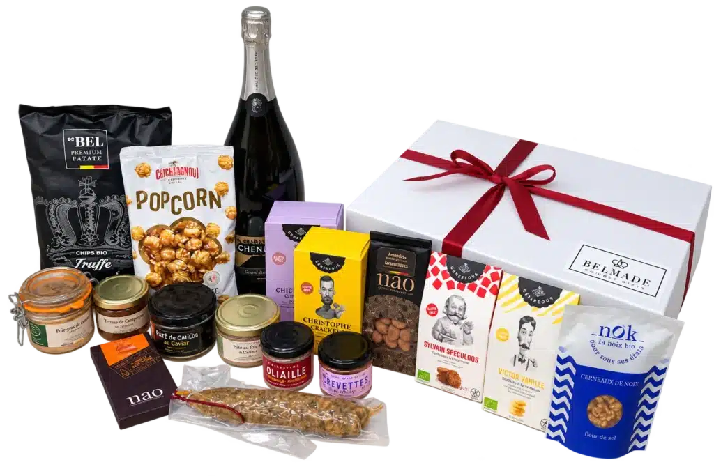 Coffret gastronomique de luxe L’Exception Belmade avec magnum de bulles belges, foie gras, terrines, chocolats et biscuits artisanaux
