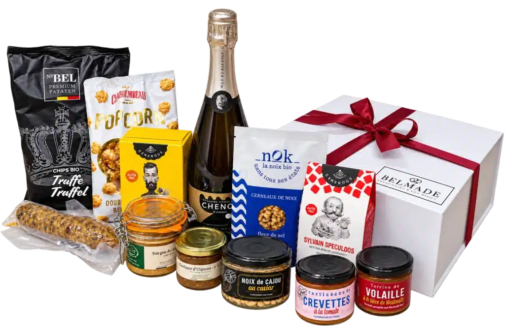 Coffret gourmand haut de gamme La Quintessence avec foie gras, bulles belges, saucisson, terrines, noix et spéculoos